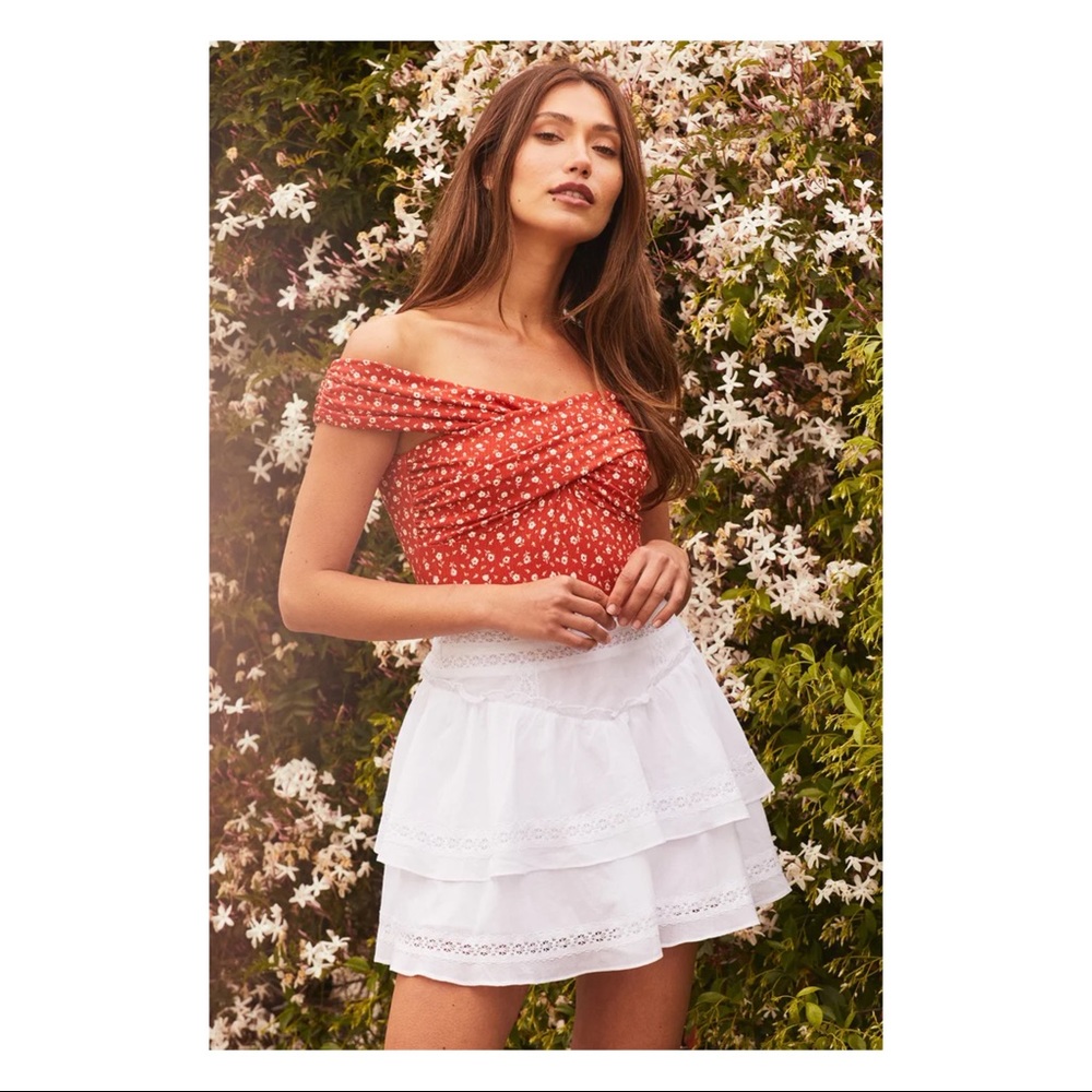 NWT Lulu’s Blissful Blooms red off the shoulder bodysuit